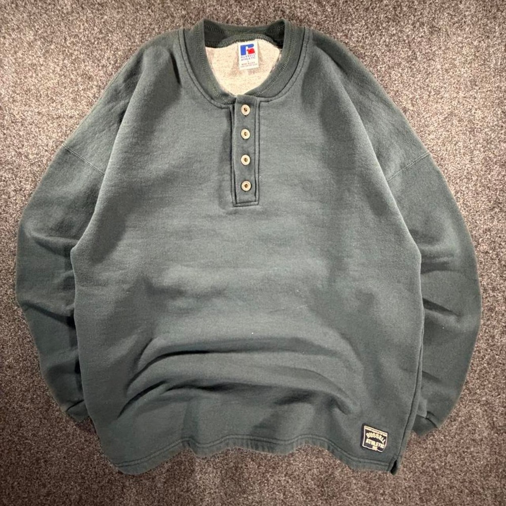 Vintage Russell Athletic Dark Green Button Crewneck Sweatshirt Large Made in USA
